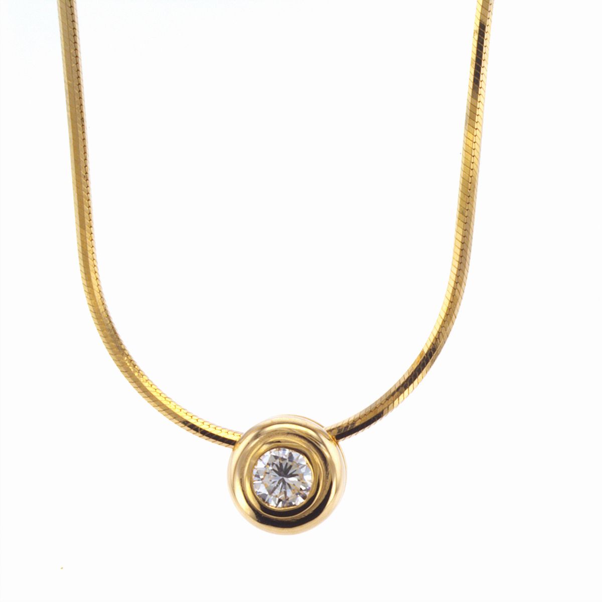 Diamond Bezel Solitaire Pendant in Yellow Gold Snake Chain Necklace