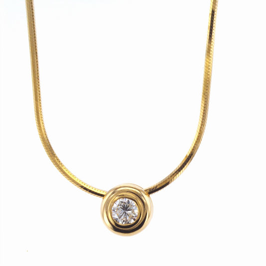 Diamond Bezel Solitaire Pendant in Yellow Gold Snake Chain Necklace