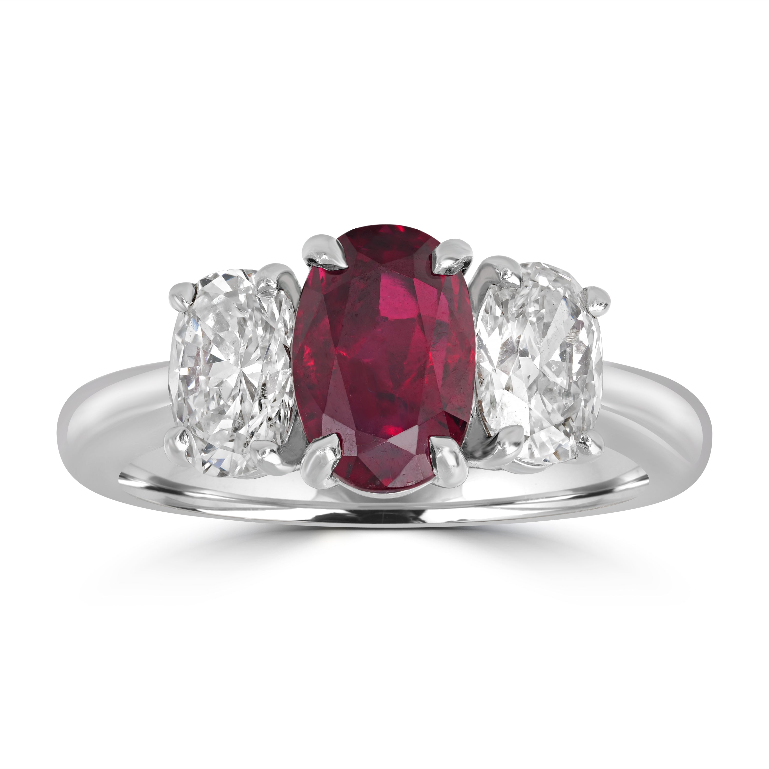 2.03 ct Ruby & 1.40 ct Diamond Three Stone Ring in Platinum