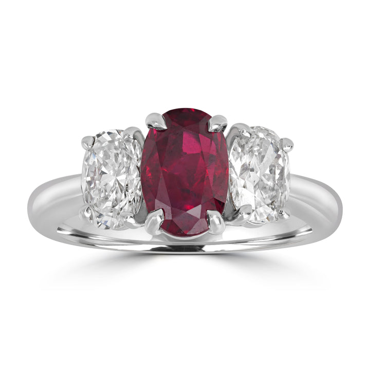 2.03 ct Ruby & 1.40 ct Diamond Three Stone Ring in Platinum
