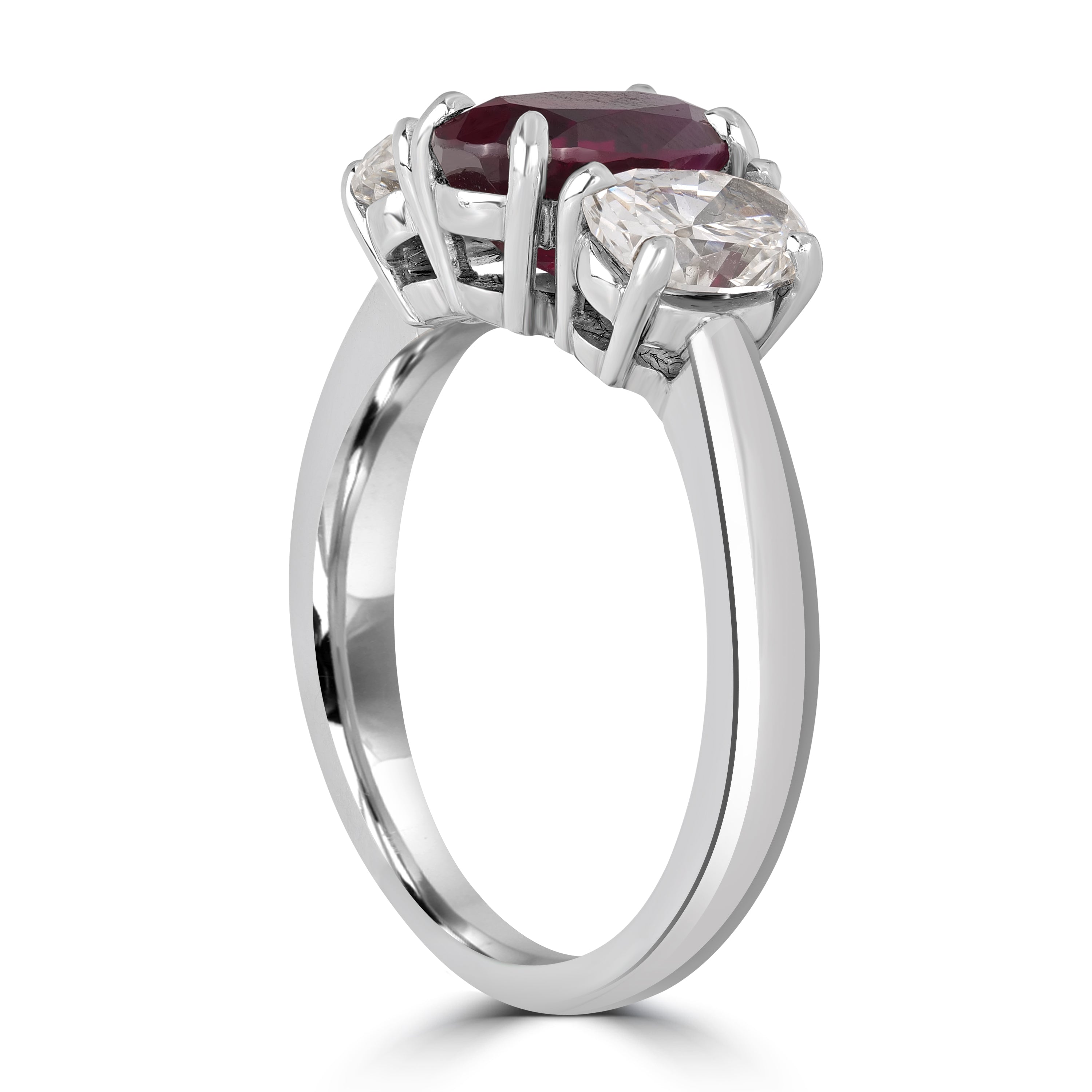 2.03 ct Ruby & 1.40 ct Diamond Three Stone Ring in Platinum