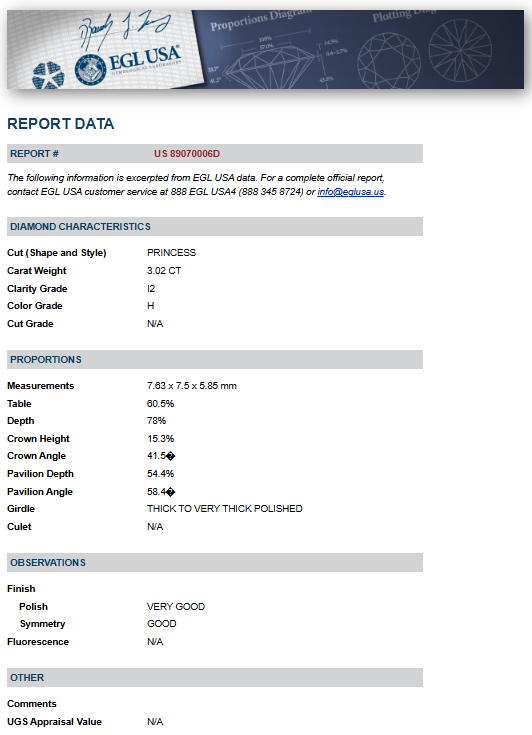 3.02 ct Solitaire Princess Cut Diamond Engagement Ring - Certified