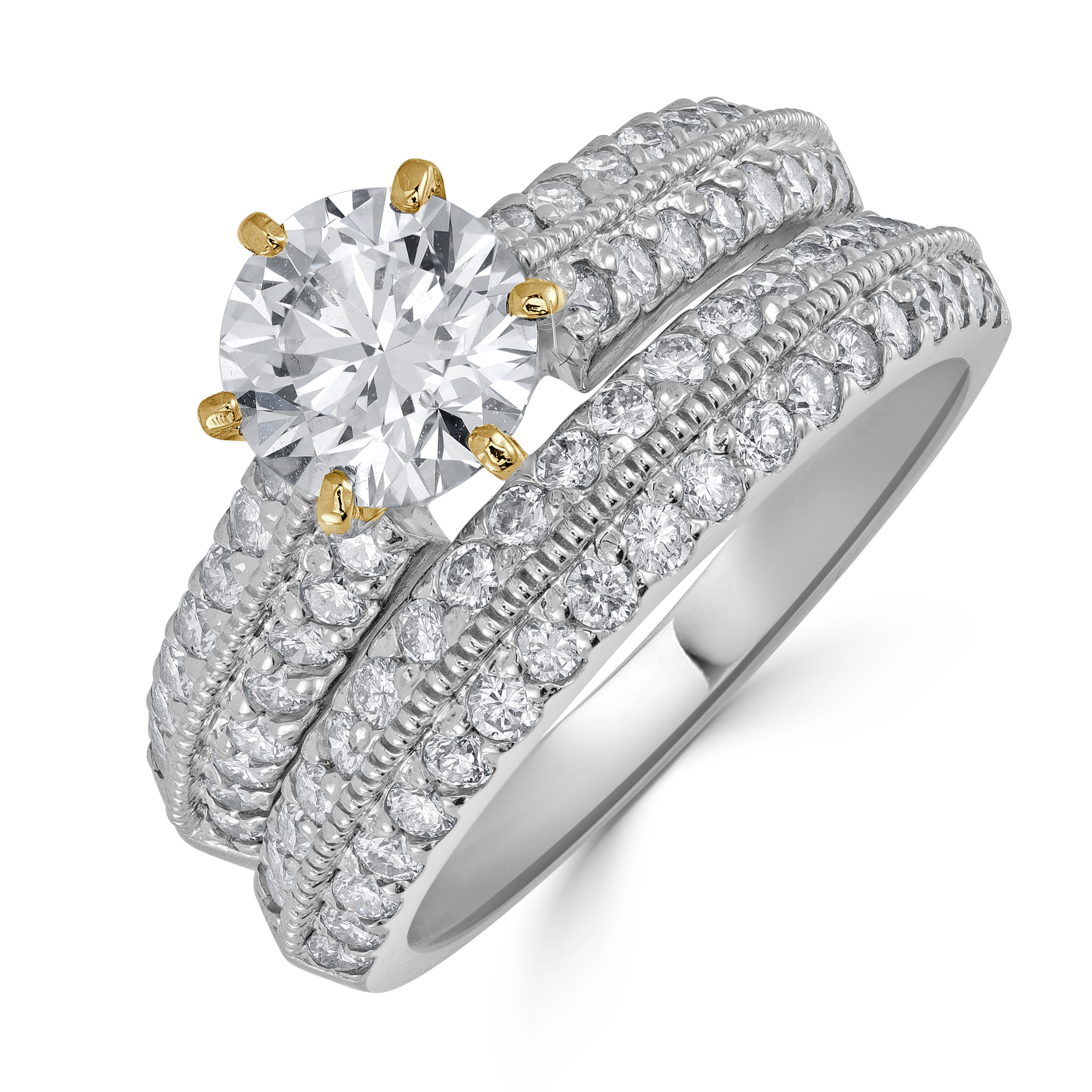 2.17 ctw Round Solitaire Diamond Engagement Ring Twins Set in 14K White Gold (1.17 ct Center - GIA Certified)