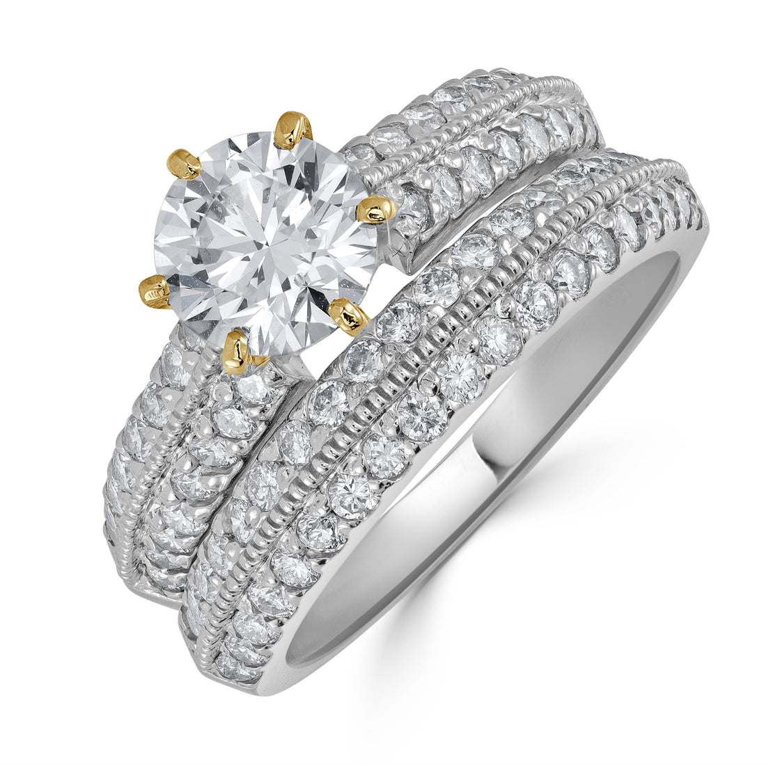 2.17 ctw Round Solitaire Diamond Engagement Ring Twins Set in 14K White Gold (1.17 ct Center - GIA Certified)
