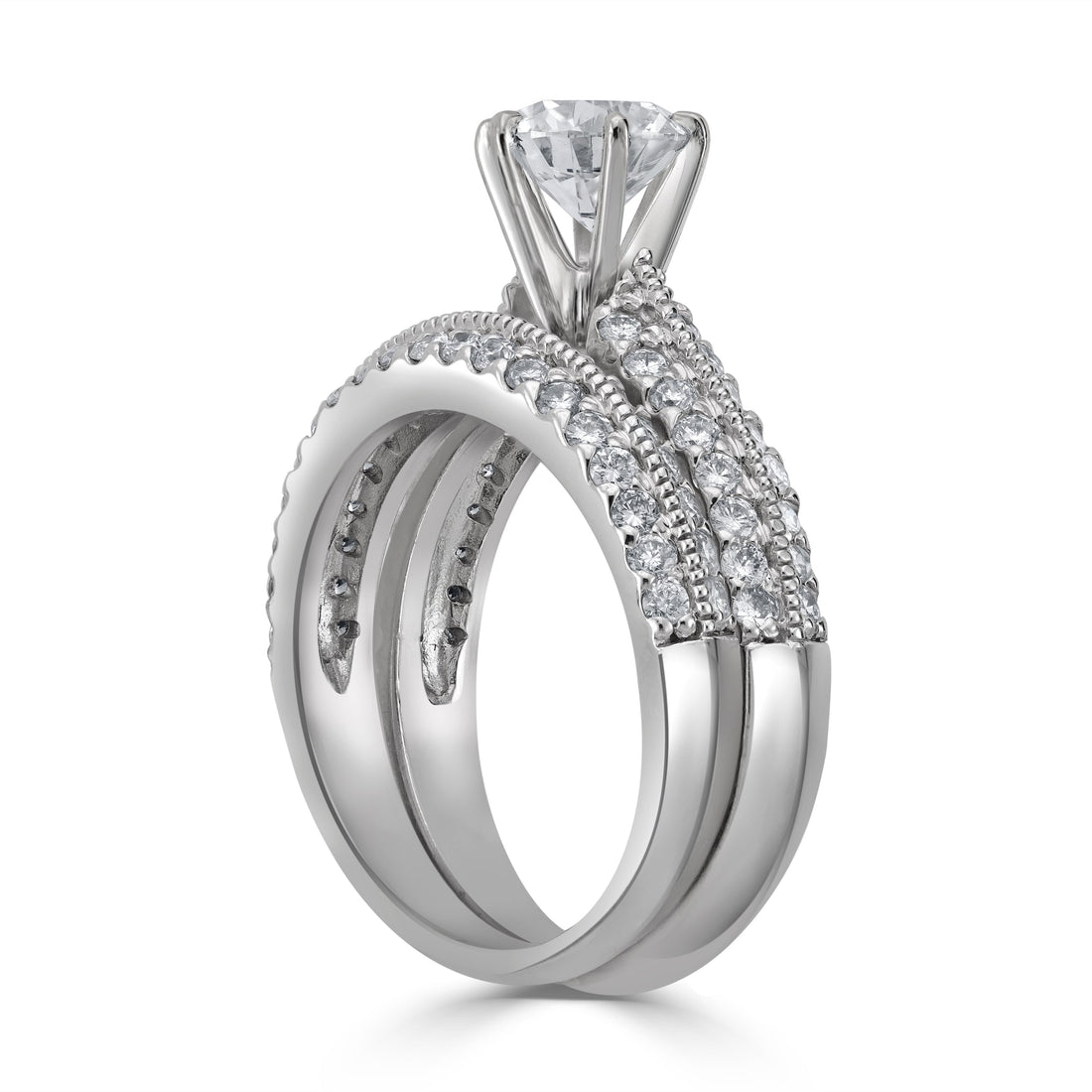 2.17 ctw Round Solitaire Diamond Engagement Ring Twins Set in 14K White Gold (1.17 ct Center - GIA Certified)