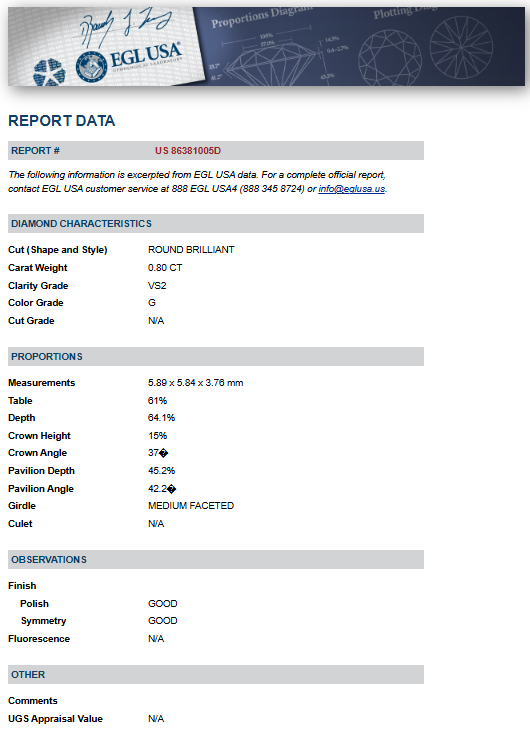 0.80 ct Solitaire Diamond Engagement Ring in 14K White Gold - EGL Certified