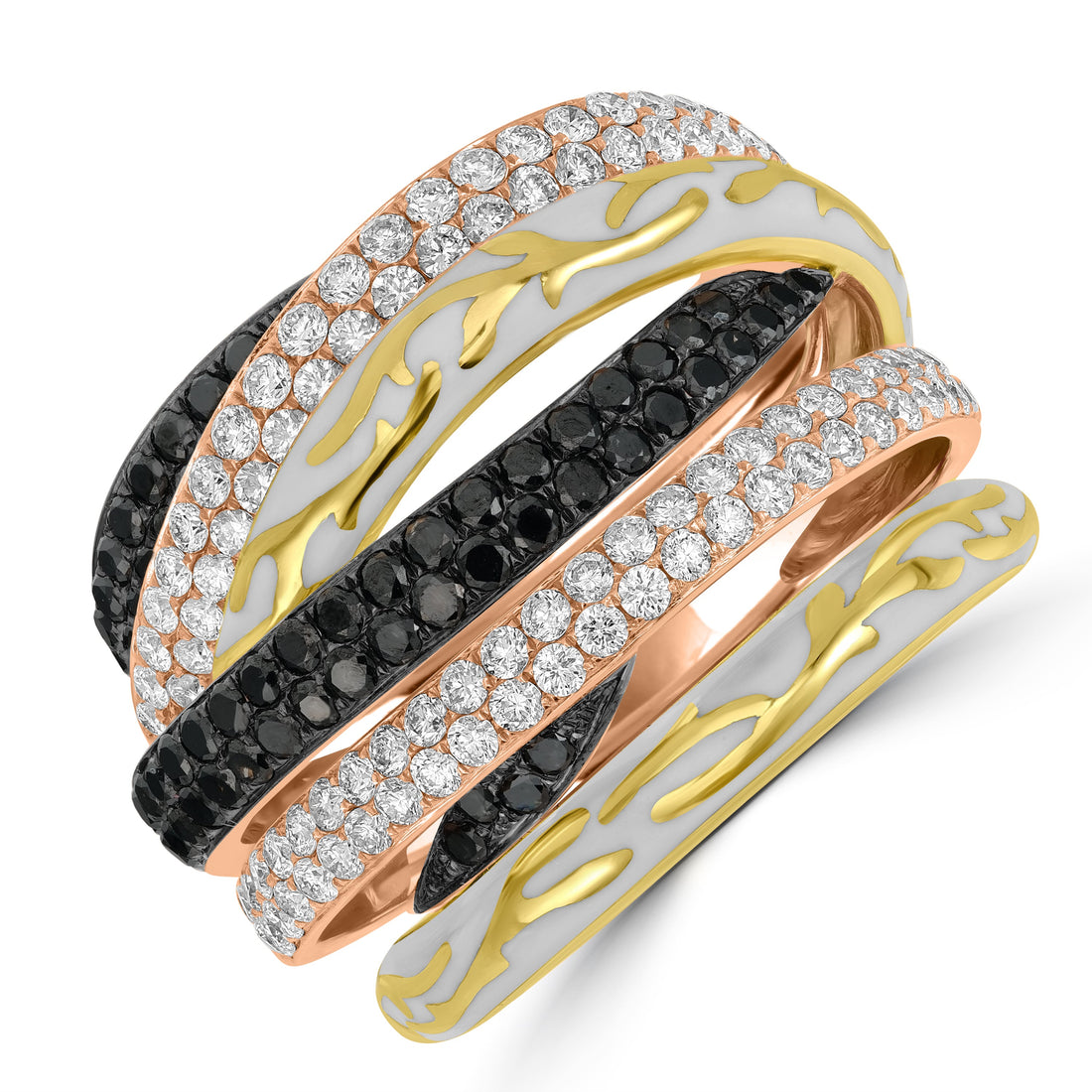 1.87 ct White & Black Diamond Ring Decorated with Enamel in 14K Rose Gold