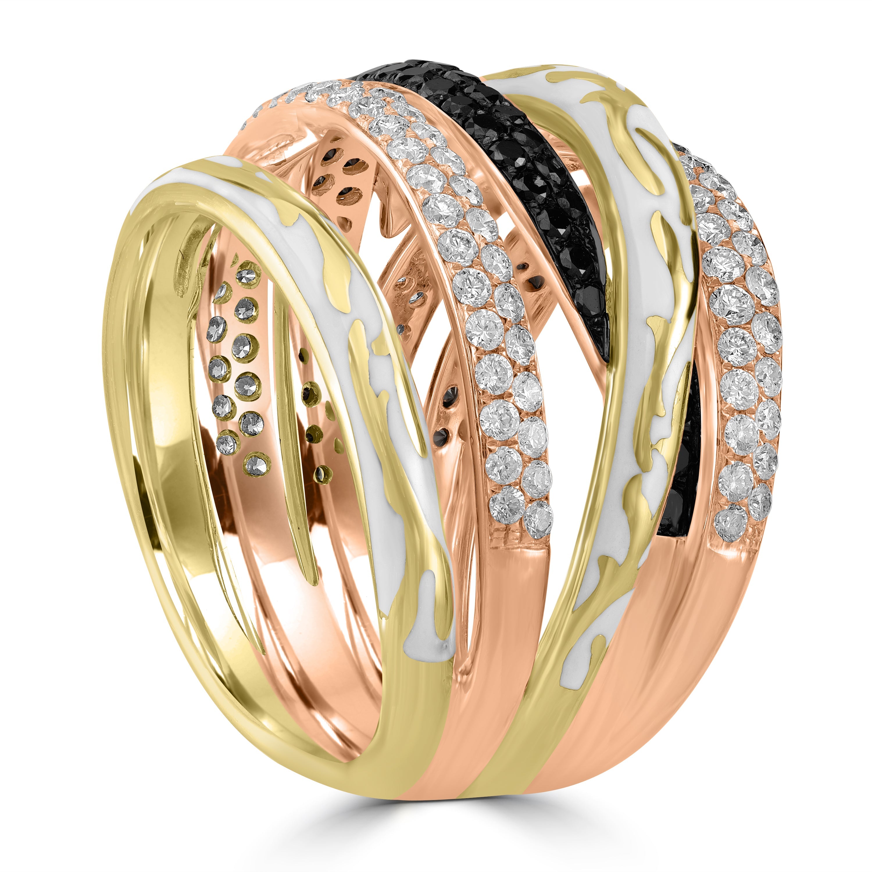 1.87 ct White & Black Diamond Ring Decorated with Enamel in 14K Rose Gold