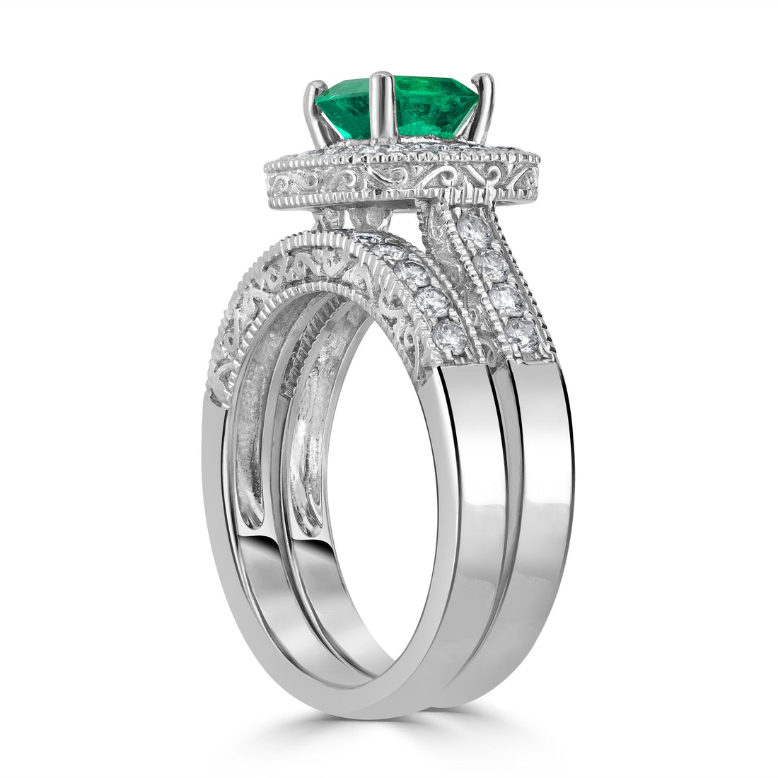 1.03 ct Emerald Gemstone & Diamond Ring in 14K White Gold