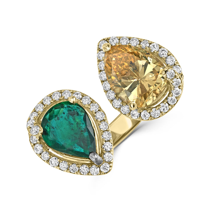 Two-Stone Engagement Ring with Emerald Gemstone & Yellow Diamond