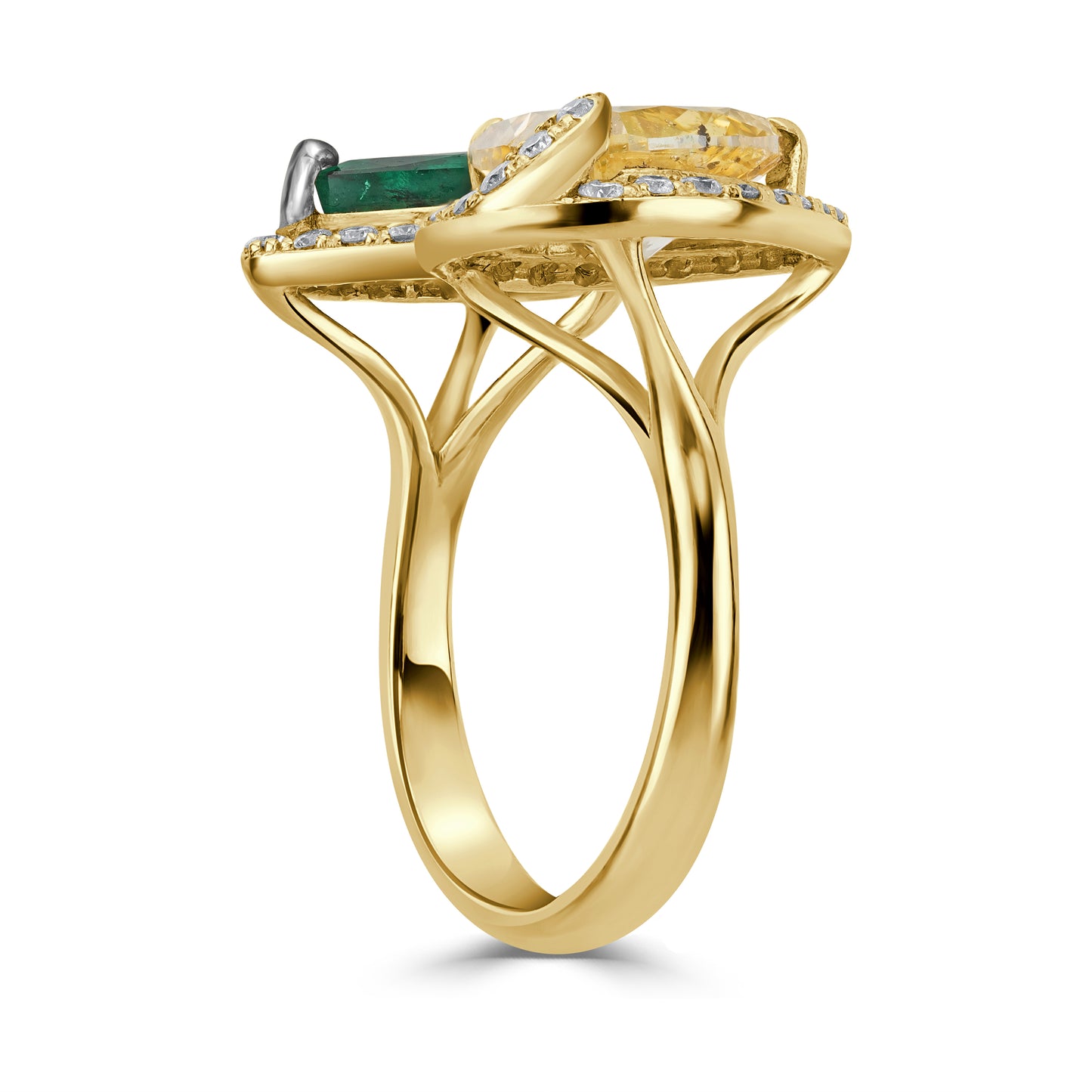 Two-Stone Engagement Ring with Emerald Gemstone & Yellow Diamond