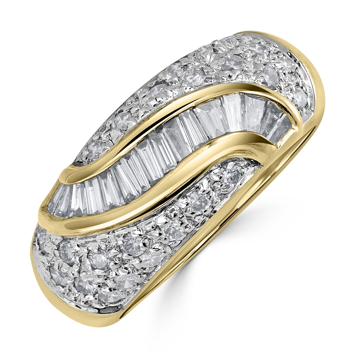 Round & Baguette Diamond Dome Ring in Yellow Gold