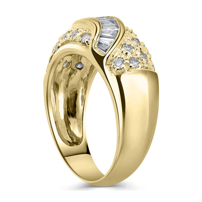 Round & Baguette Diamond Dome Ring in Yellow Gold