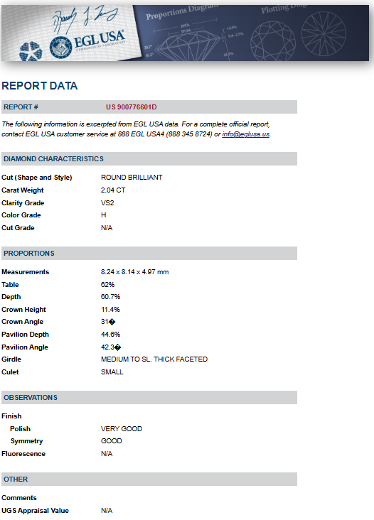2.04 ct Solitaire Diamond Engagement Ring in 14K White Gold - EGL Certified