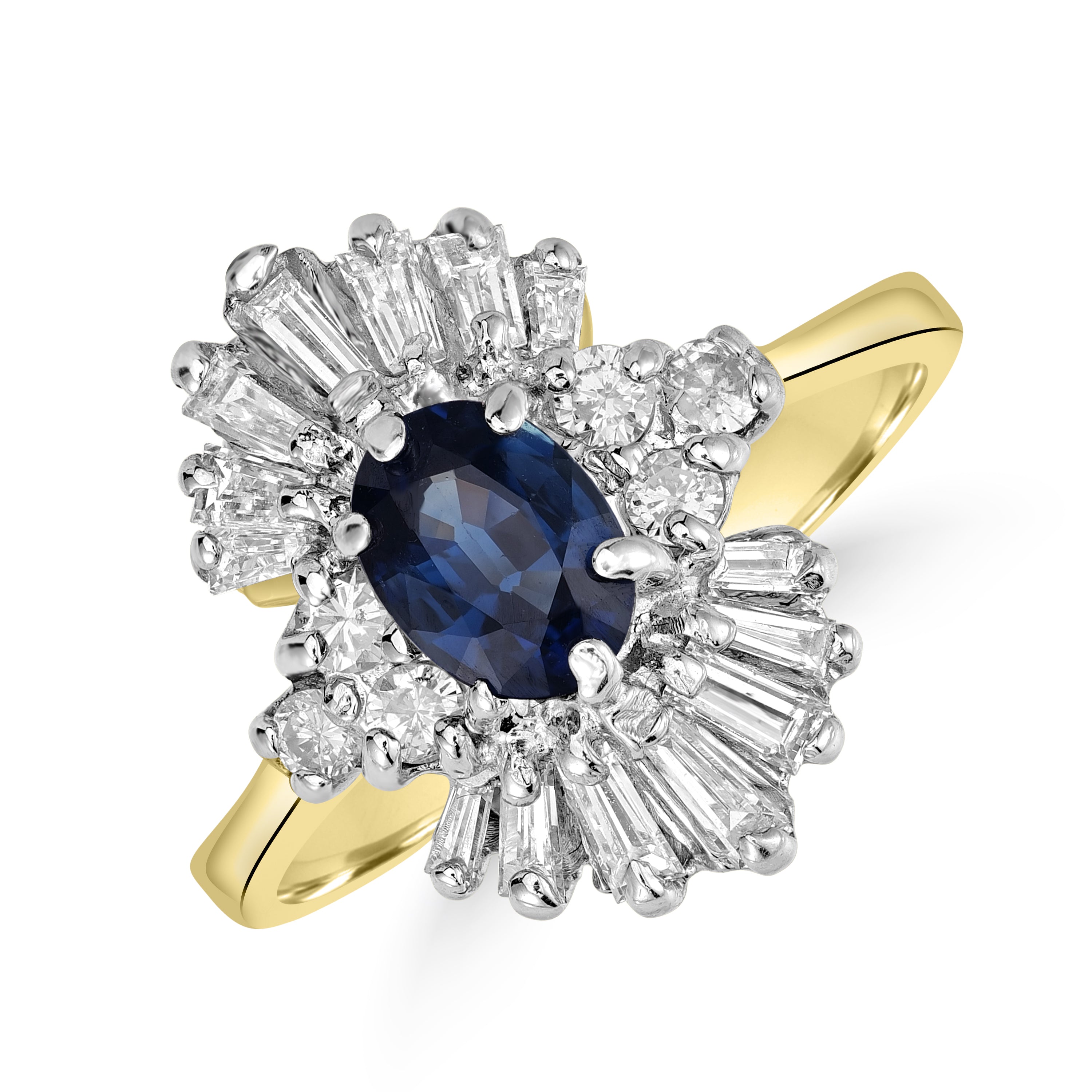 1.50 ct Sapphire & Baguette Diamond Ring in 14K Two Tone Yellow and White Gold