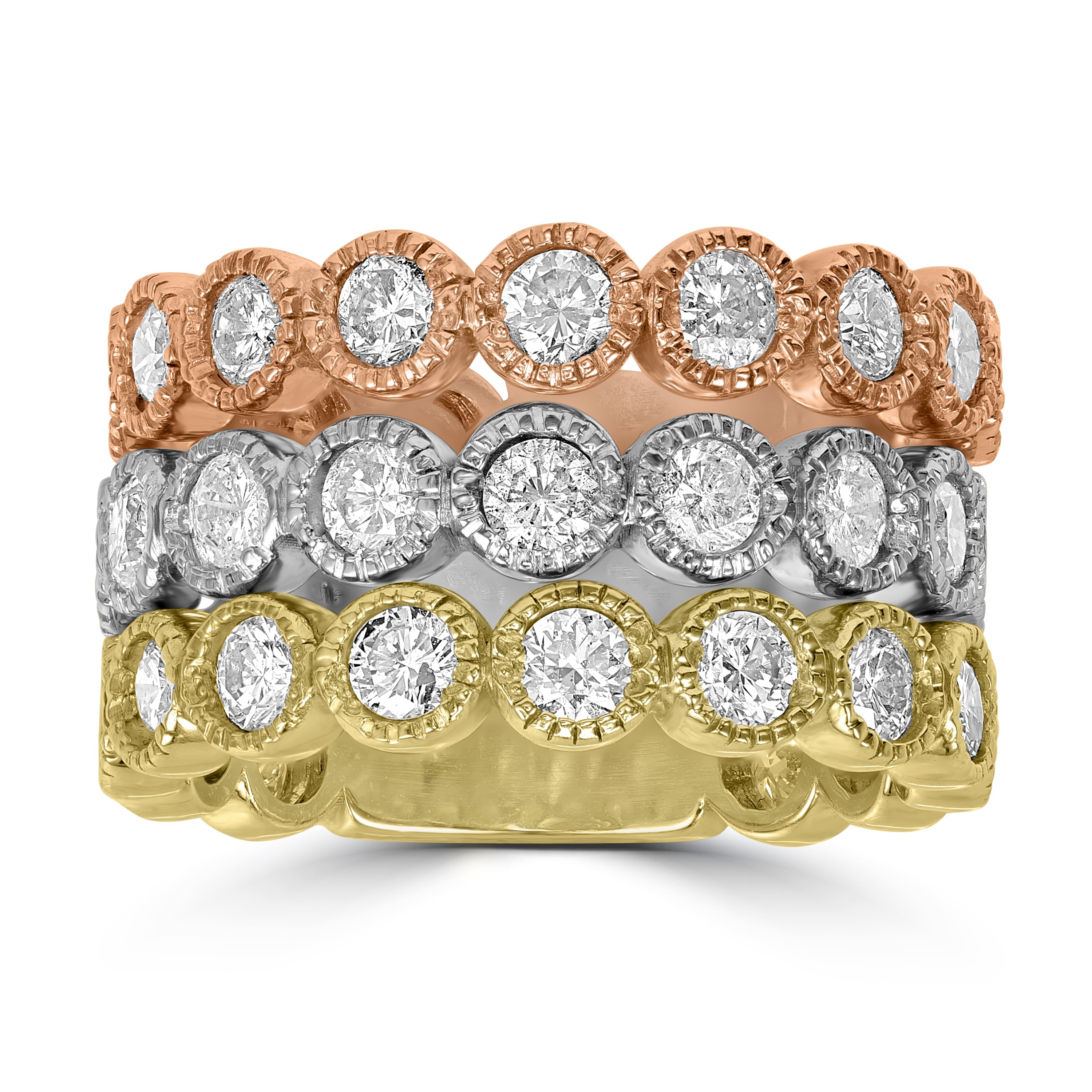 3.19 ct Tri Color Diamond Band in 14K Rose, Yellow and White Gold