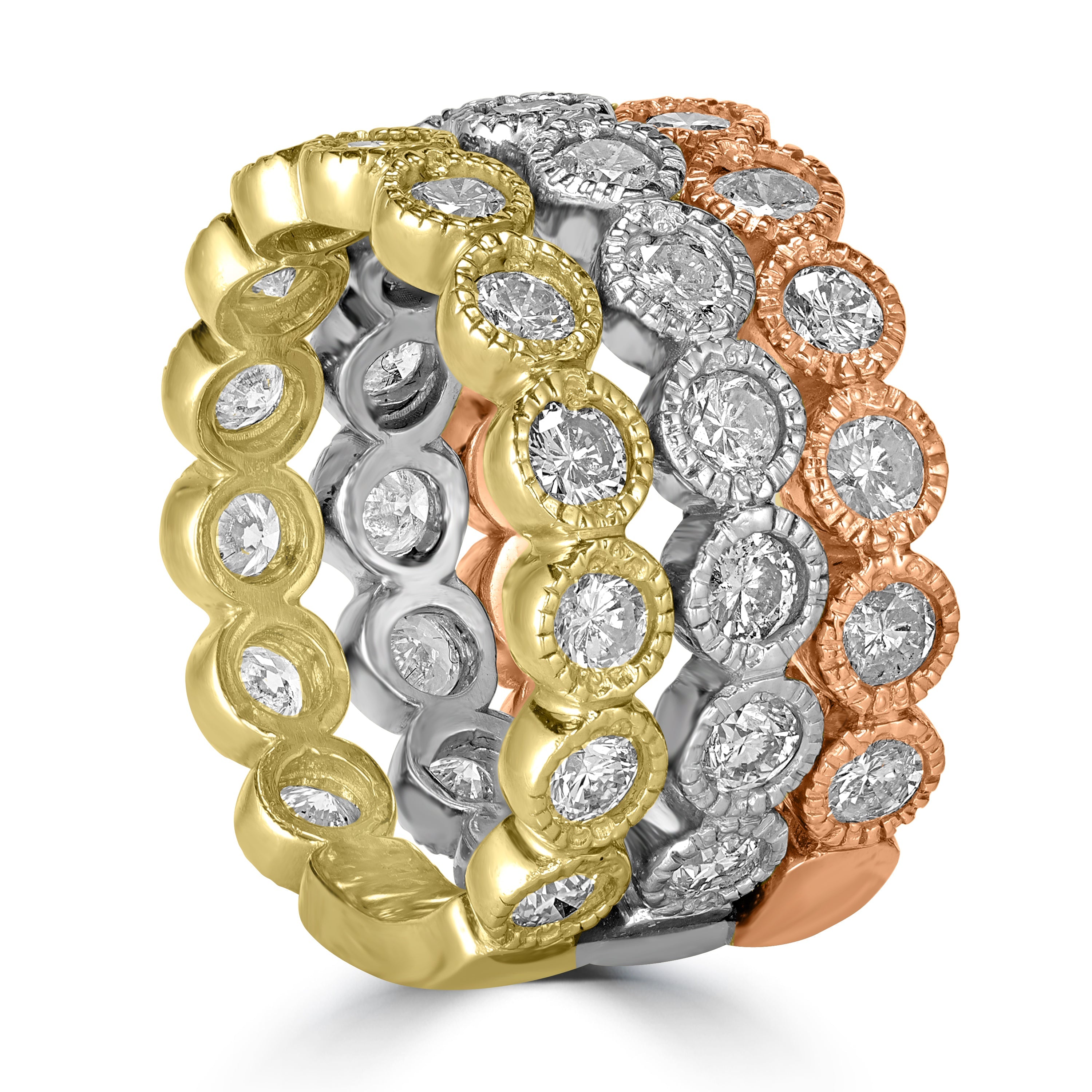 3.19 ct Tri Color Diamond Band in 14K Rose, Yellow and White Gold