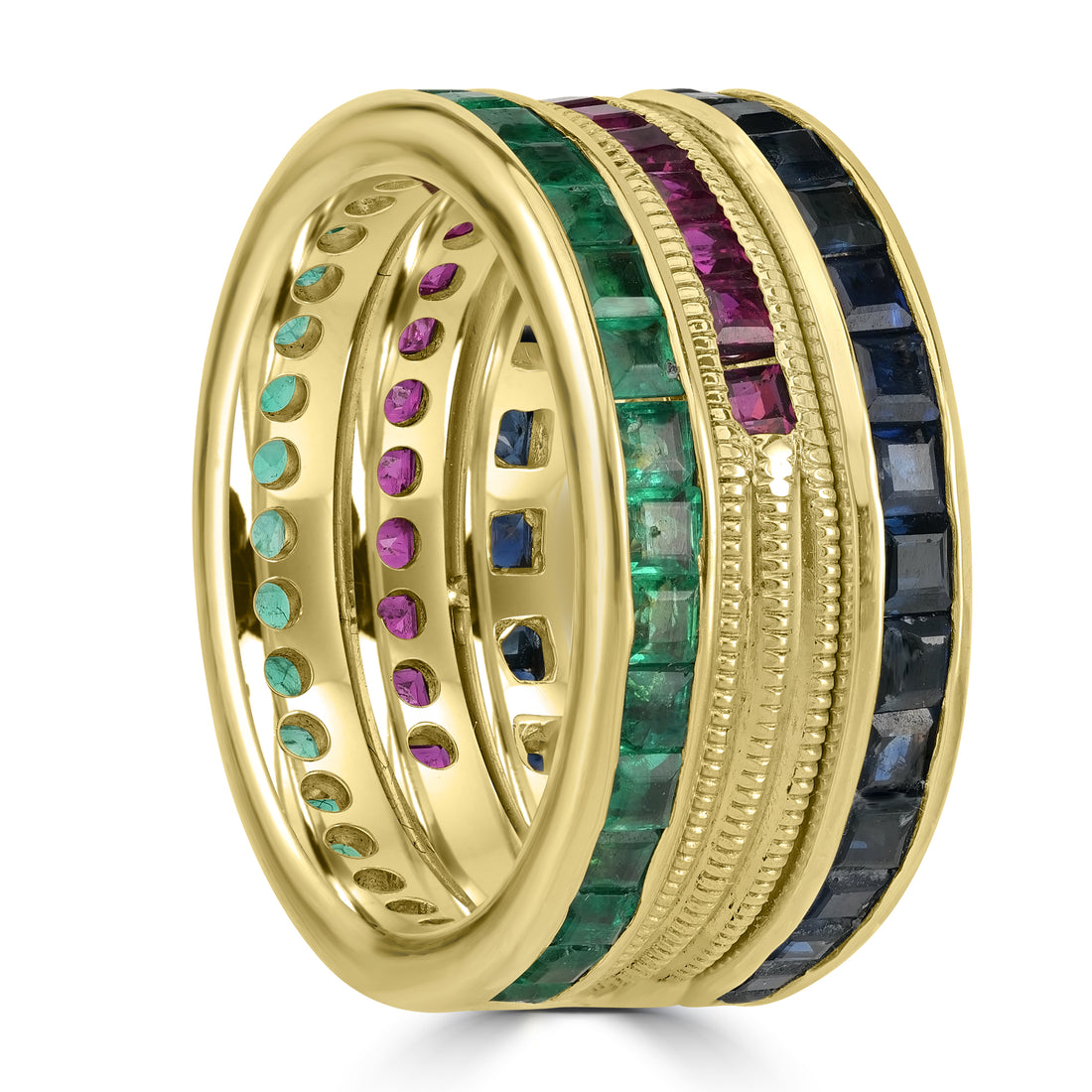 Three-Line Gemstones Band in 14K Yellow Gold