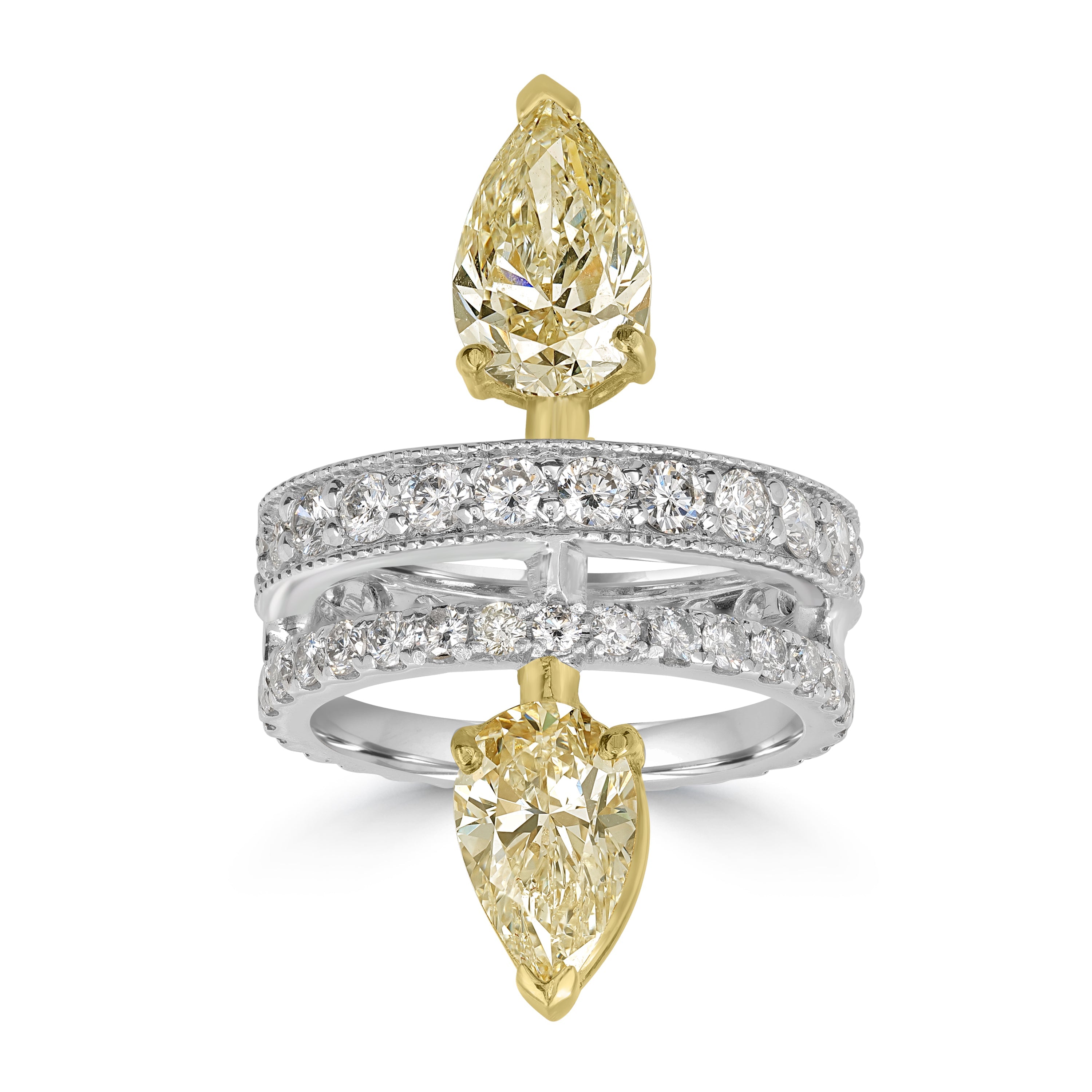 3.53 ct Solitaire Two Stone Pear Diamond Ring in 18K Two Tone White & Yellow Gold