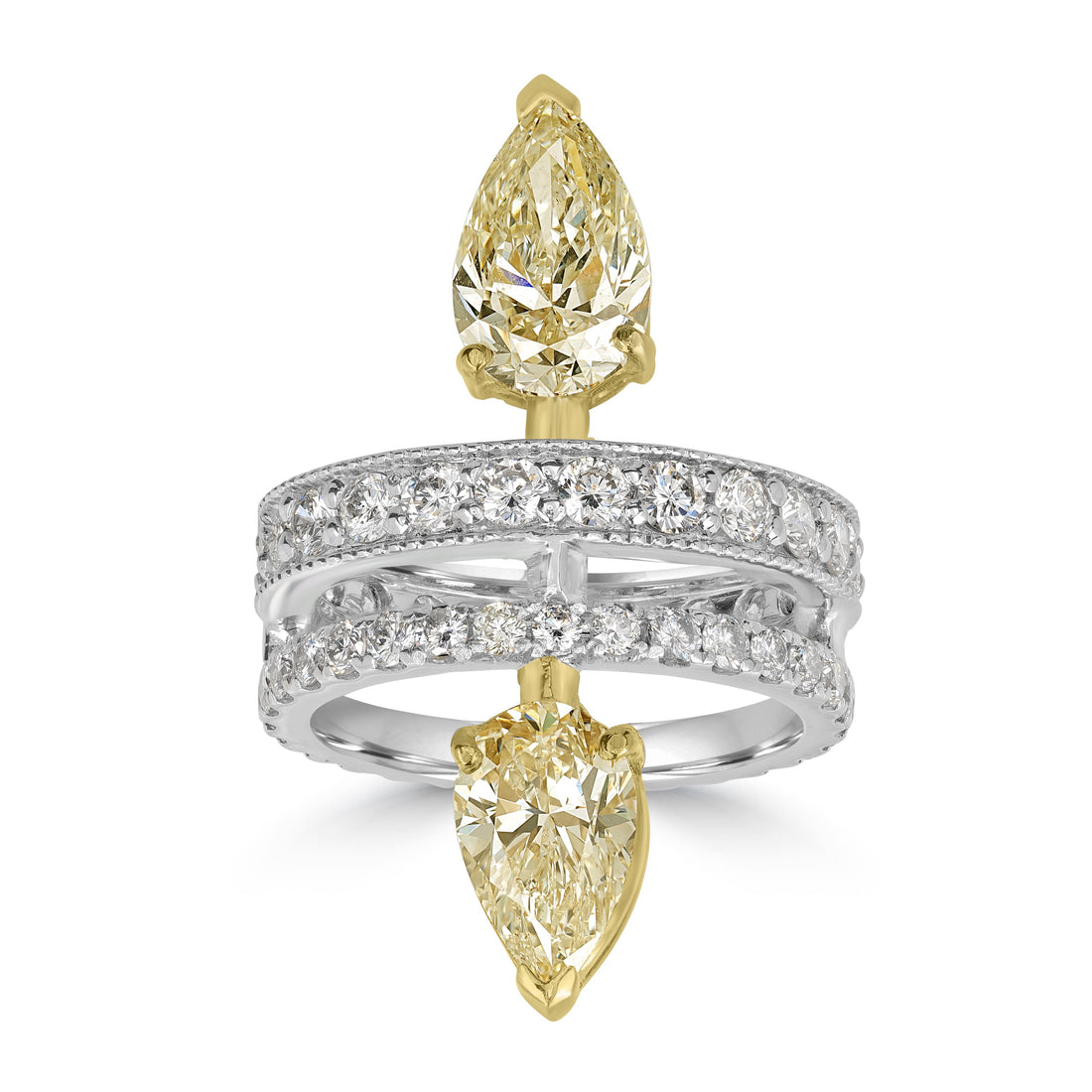 3.53 ct Solitaire Two Stone Pear Diamond Ring in 18K Two Tone White & Yellow Gold
