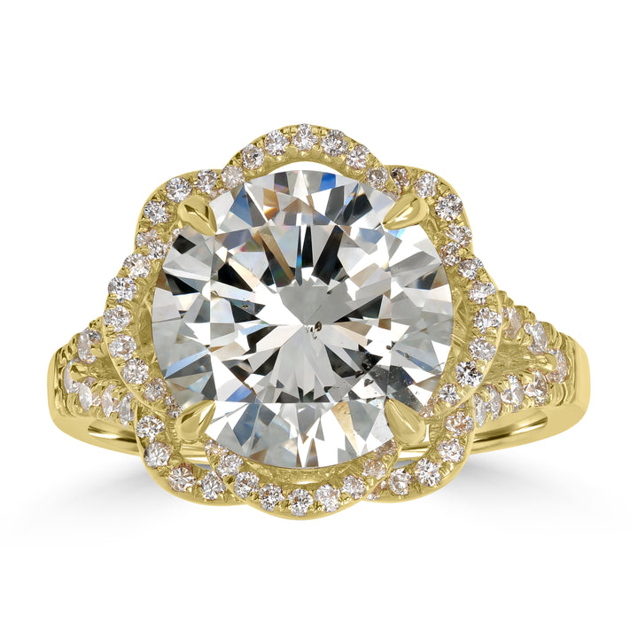 5.38 ct Solitaire Round Shape Flower Diamond Ring in 18K Yellow Gold