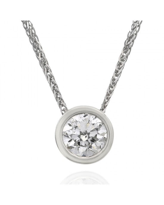 0.71 ct Bezel Set Solitaire Diamond Pendant With Wheat Chain in 14K White Gold