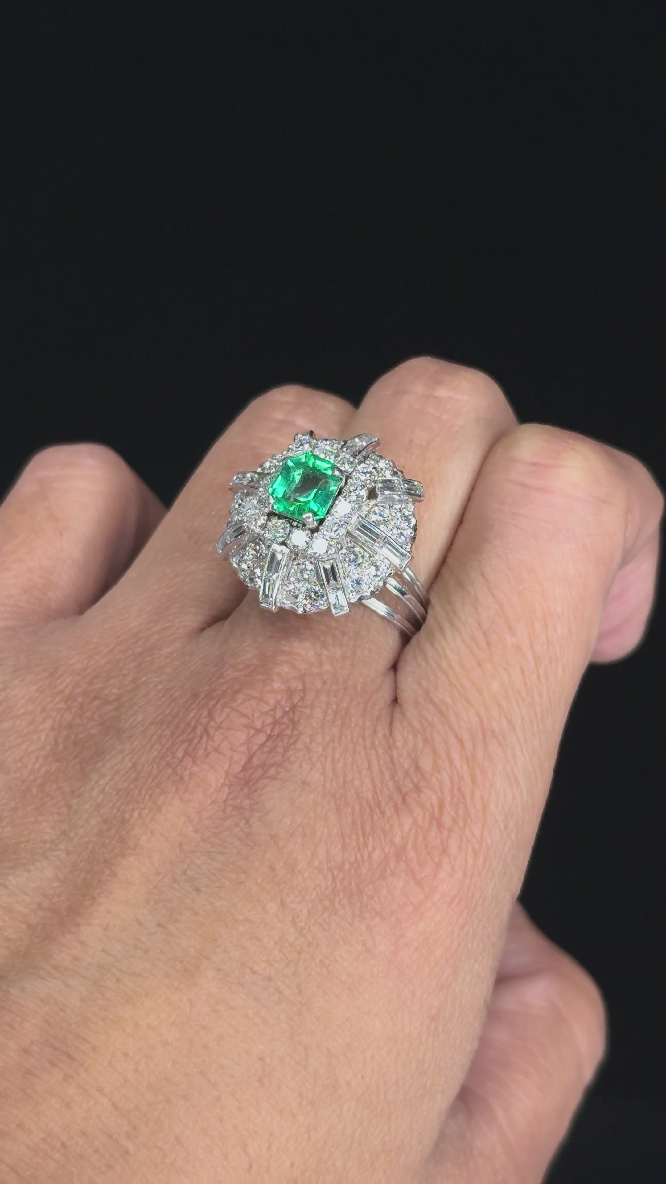 1.50 ct Green Emerald & 3.70 ct Diamond Cluster Ring in Platinum