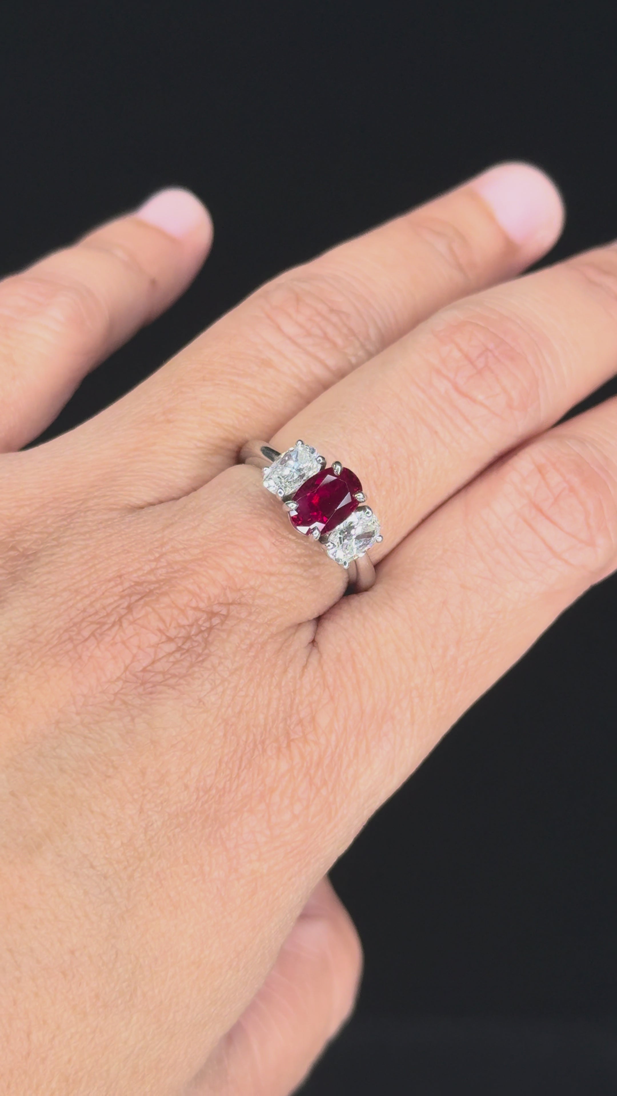 2.03 ct Ruby & 1.40 ct Diamond Three Stone Ring in Platinum